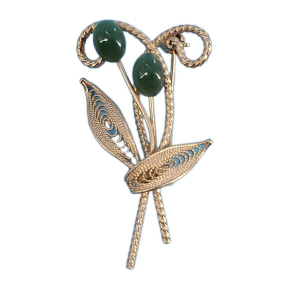 Vintage Brooch Gold Tone Filigree Floral Leaf Spray & Green Faux Jade Retro - Picture 2 of 8